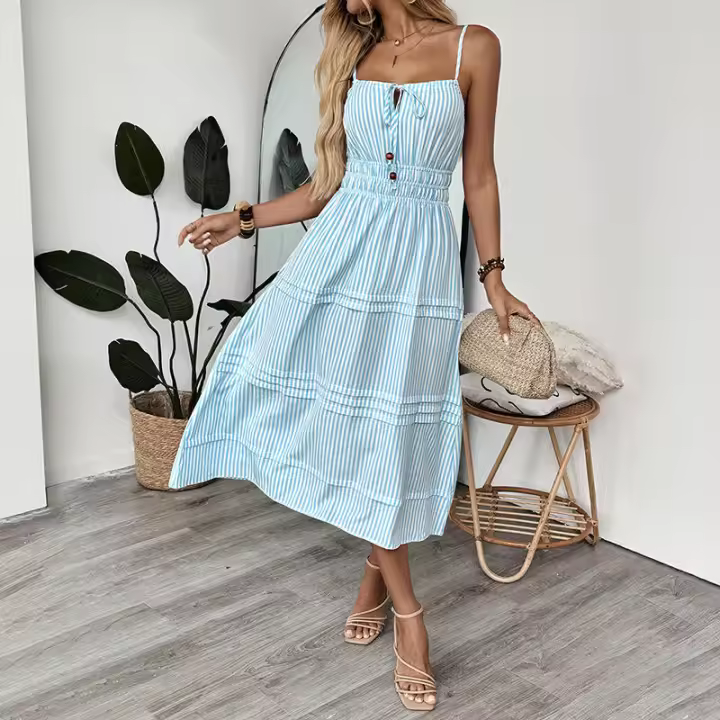 Nuevo vestido informal de verano para mujer, estilo vacacional, a rayas, decorativo y sin mangas. - 1