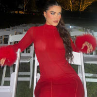 Vestido largo rojo de retazos de piel para mujer, ropa de calle ajustada con manga, artículos al por mayor para negocios, otoño 2024 - details 3