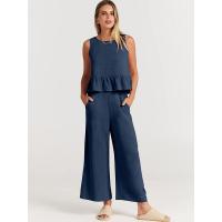 Conjunto casual de verano para mujer, top sin mangas plisado y pantalones cortos de pierna ancha - details 37