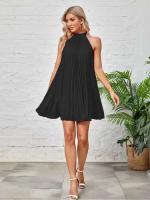 Mini Vestidos con lazo y cuello Halter para mujer, vestido plisado sin mangas con pliegues holgados de Color sólido a la moda - details 5