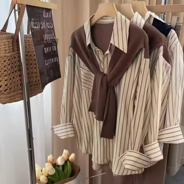 Camisa de mujer de dos piezas falsa estilo Maillard de otoño, chal tejido marrón, camisa con Raya Vertical en la espalda, blusa, camisa de mujer de estilo francés - 1