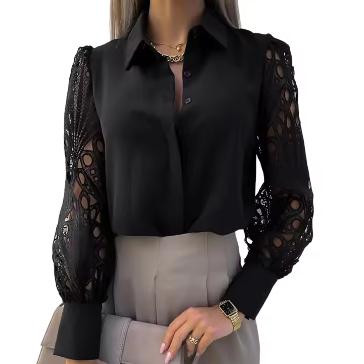 Blusa con Cuello en V para Mujer, Camisa de Encaje de Manga Corta, Túnica de Color Sólido - 1