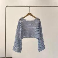 Camiseta Vintage ahuecada, suéter de punto informal, camiseta holgada Y2K, suéter fino con cuello redondo, jerséis de otoño, ropa de calle de moda - details 5
