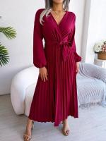 Vestido largo plisado con dobladillo grande para mujer, vestido cruzado de Color liso con cuello en V, moda de primavera y verano - details 25