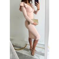 Vestido de manga larga de Color sólido con abertura y cintura cerrada con temperamento y cuello en V de verano 2025 para mujer - details 4