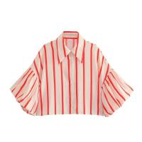 OUWU- Camisa Holgada A Rayas Con Manga De Burbuja Para Mujer, Gran Oferta De Temporada, Nuevo Estilo, Informal, Cuello Tipo Polo, Manga Corta, Top De Moda - details 6