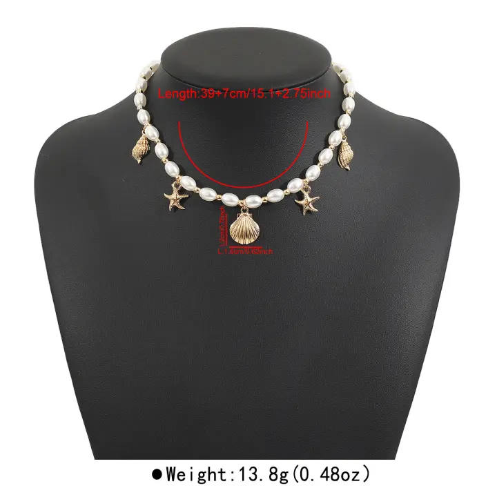 Collar de perlas con colgante de estrella de mar, concha de playa, collar estilo playa de vacaciones de verano - 1