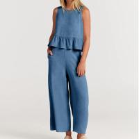 Traje casual para mujer con bordes con volantes y conjunto de dos piezas suelto de lino de algodón sin mangas de color sólido - details 3