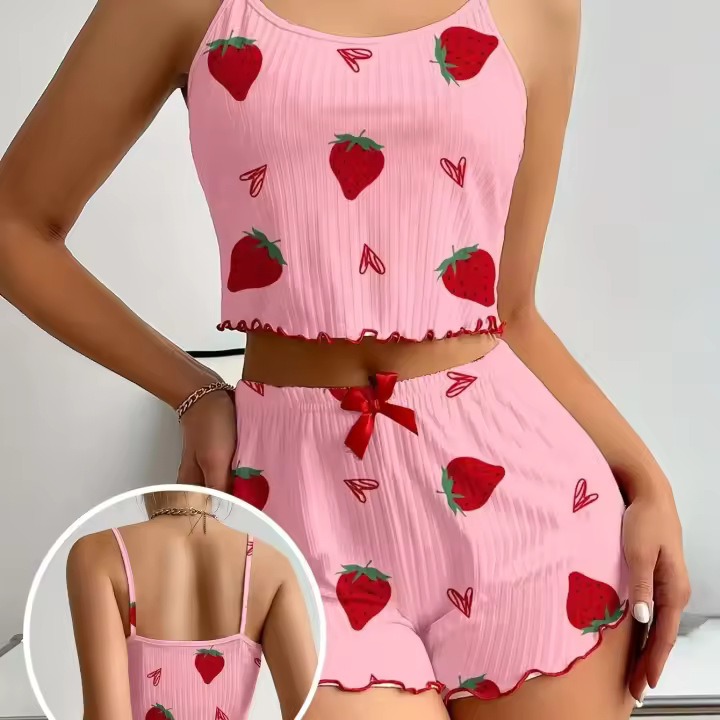 Nuevo conjunto de ropa de dormir con estampado de fresa, pijama acanalado para mujer con corazones y lazo, conjunto de salón suave y cómodo con pantalones cortos, bonito regalo de verano - 1