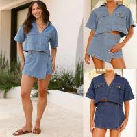 2025 Verano Vestidos de Mujer, Cuello en V Manga Corta Traje de Denim Irregular Suelto, Falda Pantalones Cortos - details 0