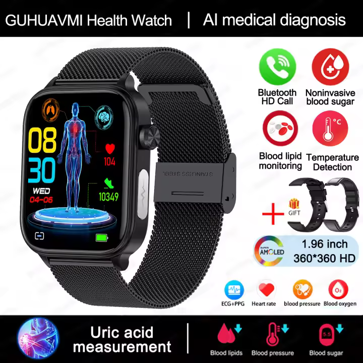 2024 Nuevo ECG + PPG Clase Médica 1,96 inch, 360*360 AMOLED Pantalla complete de HD táctil Smart Watch Azúcar en sangre, lípidos sanguíneos, temperature corporal, Llamada Bluetooth,IP68 a prueba de Agua Reloj Inteligente saludable para Android IOS - 1