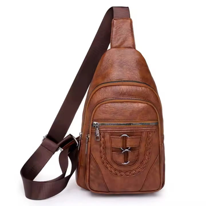Bandolera de cuero para hombre y mujer, bolso de hombro cruzado en el pecho, morral de viaje, marrón, grande - 1