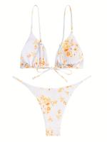 Bikini de Dos Piezas con Patrón Floral en Triángulo Escote en V Lazo en la Espalda y Corte Alto Sin Espalda para Mujeres Moda - details 0