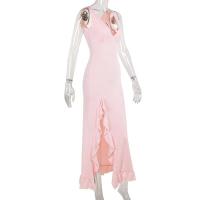 Vestido Maxi de Verano Elegante sin Mangas con Volantes Sexys Cuello en V Profundo, Espalda Alta, Abierto hasta la Coxa - details 1