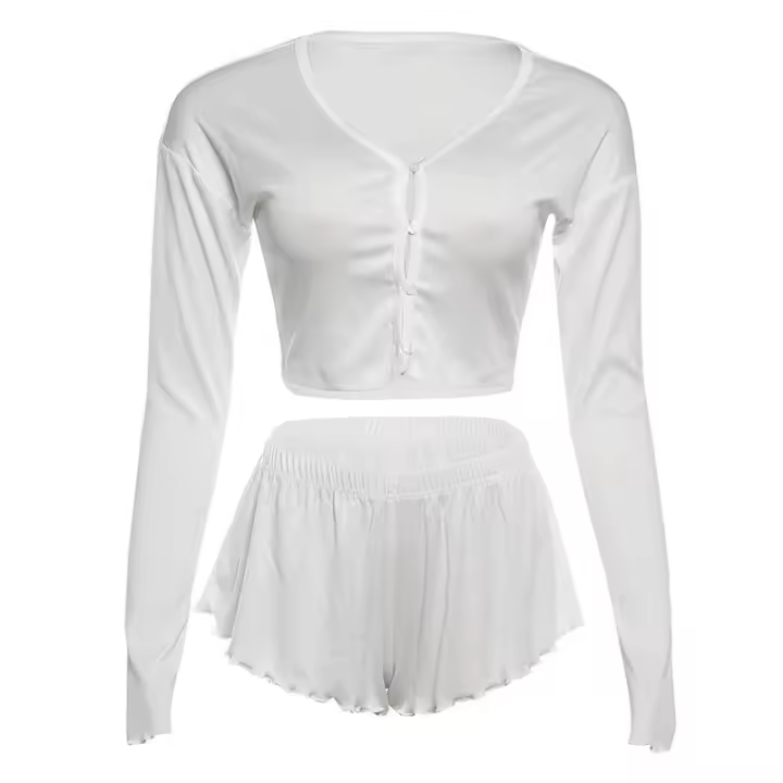 BUNO-Conjunto informal de 2 piezas de gato extraño para mujer, Tops cortos de manga larga con una botonadura y volantes, Mini traje corto sencillo y fino, tendencia de otoño - 1