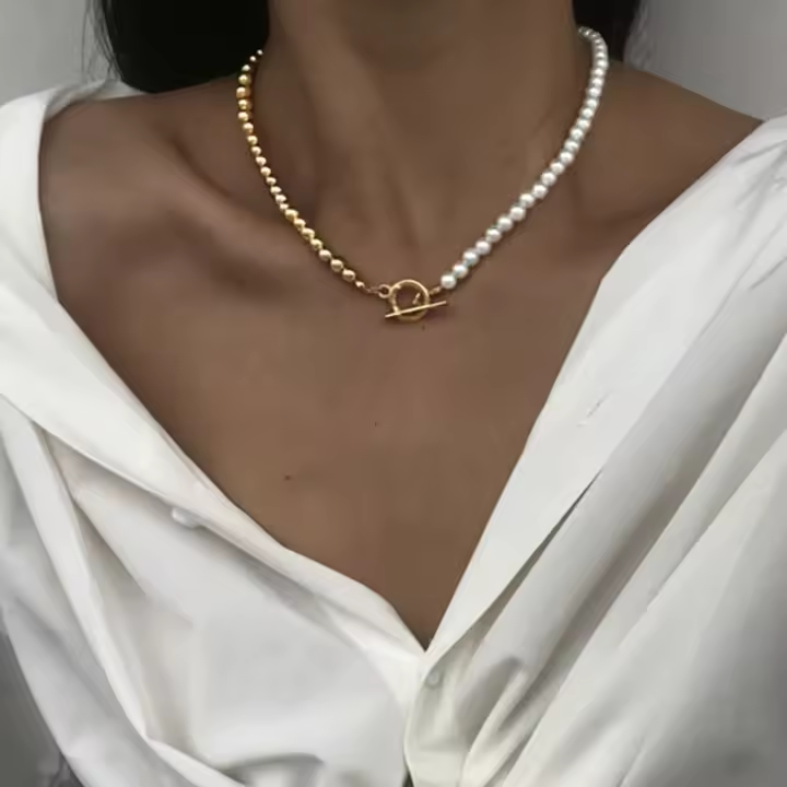 Collar de cadena con perlas de imitación para mujer, Gargantilla clásica Vintage con cierre OT, Color dorado, regalo de joyería 2023 - 1