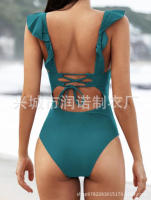 Traje de baño con cuello en V, traje de baño con cordones y borde con volantes - details 19