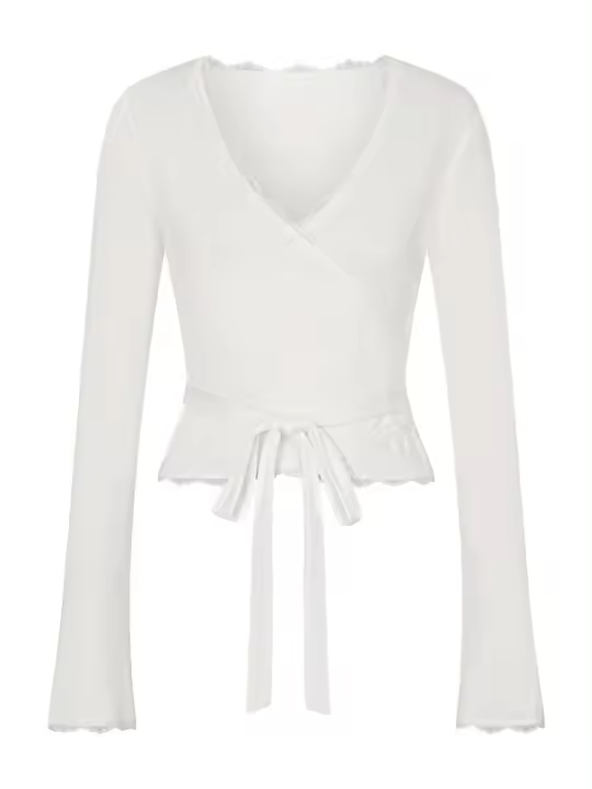 Top de Ballet Cruzado para Mujer Y2K Manga Larga, Cuello en V, Entrenamiento, Camisetas para Yoga, Top Adelgazante con Lazo Frontal - 1
