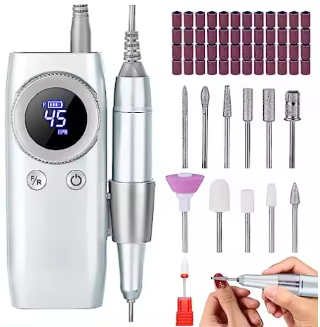 Torno para Uñas Profesional, 45000RPM Portatil Recargable Inalambrico con 12 cabezales de pulido y 48 cintas abrasivas y Pantalla LCD, para Manicura y Pedicura, para Gel o Acrilicas - 1