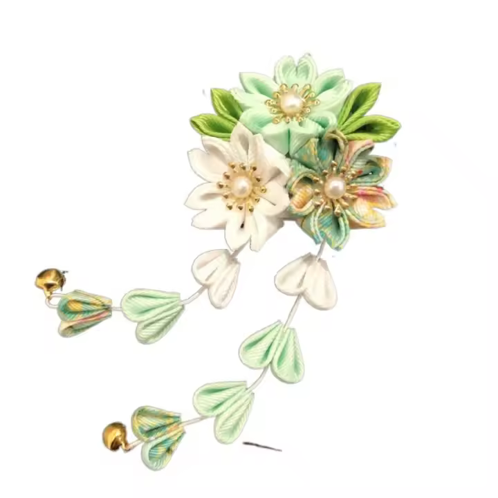 Accesorios Hanfu, tocado de Kimono japonés, estilo antiguo, hecho a mano, flor de Sakura, Clip para el cabello, horquilla de flores con borlas de tela dulce - 1