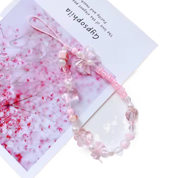 Cuerda colgante para teléfono, cordón para teléfono, colgante de cuentas acrílicas rosas, abalorio para teléfono, cordón de mano para muñeca, correa de mano, correas para teléfono móvil - 1
