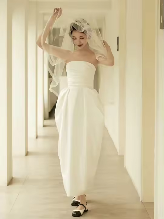 Boda francesa 2025 nueva salida nupcial hilo de bienvenida falda sin tirantes diseño sentido vestido ligero - 1