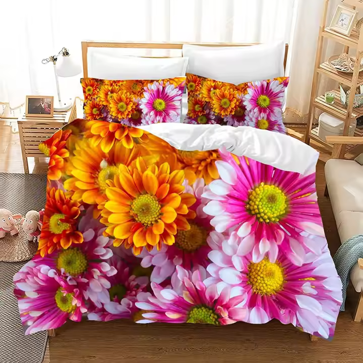 Funda de edredón Juego de funda nórdica de crisantemo Patrón de flores coloridas Funda de edredón de poliéster para niños Juego de cama para niñas King Queen Tamaño completo - 1