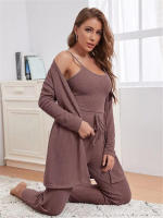 Conjunto de pijama de tres piezas para mujer, artículos para el hogar, top con tirantes de punto de oblea, pantalones largos, t, 2024 - details 13