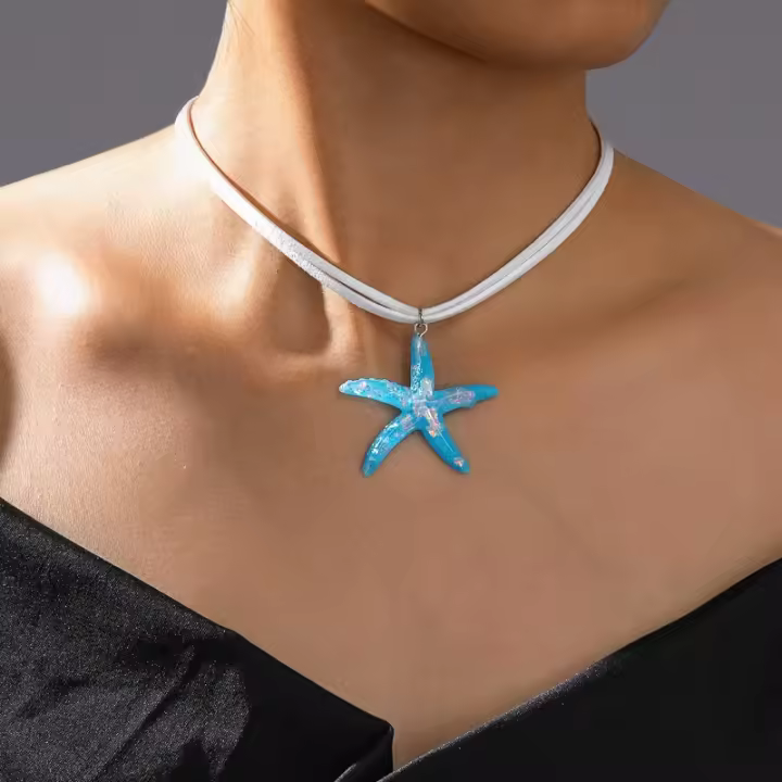 Collar Mujer Boho Playa con Colgante de Estrella de Mar en Acrílico - Doble Capa de Terciopelo Ajustable para Vacaciones, Joyería y Bisutería para Mujer, Collares Mujer de Alta Calidad - 1