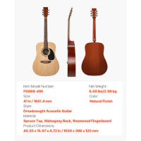 SucceBuy Guitarra acústica Dreadnought de 104,14 cm, tapa de abeto macizo de 6 cuerdas, set para principiantes con funda para concierto, afinador, correa, cuerdas, púas, cejilla, diapasón de palisandro, adecuada para adultos y jugadores altos - details 5