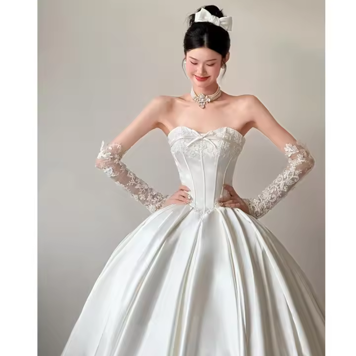 Vestido de novia ligero sin tirantes de satén francés para mujer, hilo principal con textura de princesa fugitiva, novedad de 2025 - 1