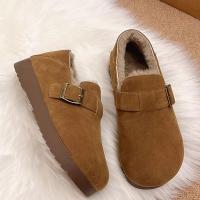 Chanclas de mujer de piel con puntera redonda para exterior Casual Suede Slippers, Otoño/Invierno 2025 - details 4