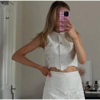 Top sin mangas con botones huecos bordados, conjunto de falda corta en color liso, minifaldas elegantes y versátiles para - details 4