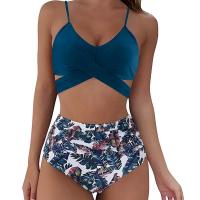 Traje de baño dividido de cintura alta para mujer, bikini multicolor con estampado de cuello halter cruzado - details 5