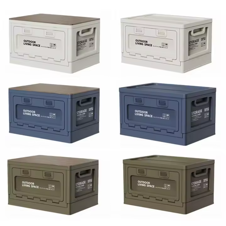 Caja de almacenamiento portátil para acampada, caja de almacenamiento plegable para artículos diversos para exteriores, tapa de plástico/madera impermeable, contenedor plegable para exteriores, 27L - 1