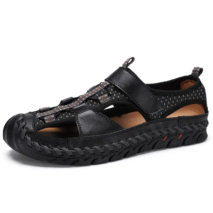 Sandalias planas informales de cuero genuino para hombre, calzado de playa romano, zapatillas de deporte masculinas, zapatos de cuña baja, talla grande 38-48, novedad de verano - 1