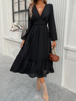 Vestido largo elegante de color sólido con cuello en V para otoño e invierno - details 9
