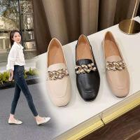 Mocasines de piel auténtica para mujer, cadena de tacón bajo, tacón grueso, tacones altos, zapatos de mujer antideslizantes con punta redonda, albaricoque de primavera - details 6