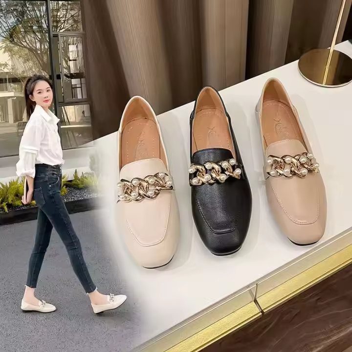 Mocasines de piel auténtica para mujer, cadena de tacón bajo, tacón grueso, tacones altos, zapatos de mujer antideslizantes con punta redonda, albaricoque de primavera - 1