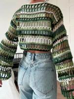 Suéter mujer una palabra cuello cabeza manga larga grano horizontal grano vacío playa bata suéter primavera y verano - details 1