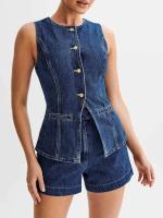 Chaleco Denim Largo Retro Vintage Ajuste Delgado, Sin Mangas, Espalda con Aguja, Bolsillo Redondo, Estilo Y2K para Mujeres - details 4