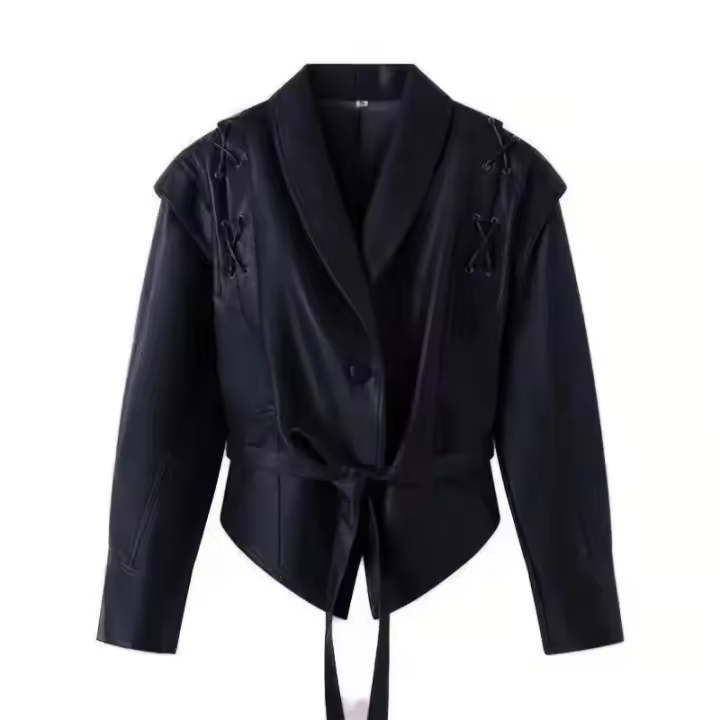Chaqueta corta con cinturón de manga larga para motocicleta para mujer - 1
