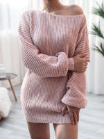 Vestido suéter ose de manga g para mujer con cuello oblicuo, minivestido de punto informal, color sólido, - details 11