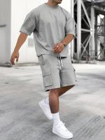 Tela transpirable] Conjunto de ropa deportiva beige para hombre: camiseta de poliéster con cuello redondo y pantalones cortos con cordón, lavable a máquina, comodidad de verano - details 33