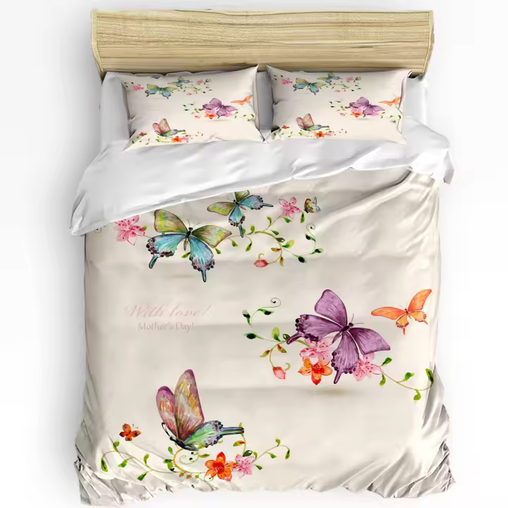 Juego de Ropa de Cama con Estampado de Flores de Mariposa en Estilo Vintage para Día de la Madre 3 Piezas Funda de Edredón Sábanas y Cubierta de Colchón Para Hogar - 1