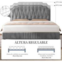 Marco de cama con cabecera tapizada, altura ajustable, soporte de láminas de madera y patas metálicas, color gris oscuro. - details 23