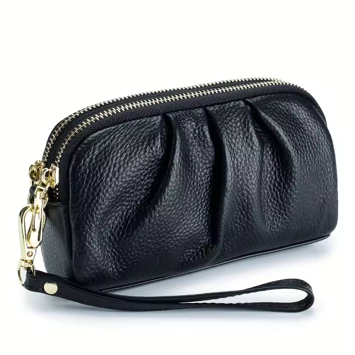 Bolso de Mano de Cuero Genuino de Doble Capa Cartera con Cremallera y Correa Desmontable - 1