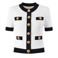 Elegante Suéter de Punto Vintage Manga Corta, Cuello Redondo, Botones Dorados - details 0