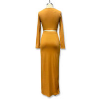 Conjunto de Vestido de Punto de Color Sólido Otoño/Invierno 2025 con Vestido Largo de Manga con Abertura y Conjunto de Dos Piezas de Camiseta. - details 15