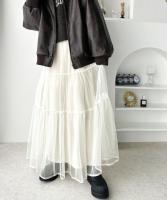 Falda larga de malla para mujer, falda de dos capas, línea A, color negro, blanco y verde, primavera y verano - details 10